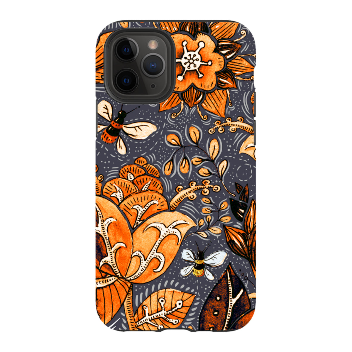 iPhone Tough Case in Hidcote design featuring orange floral patterns and bees on a dark grey background.
