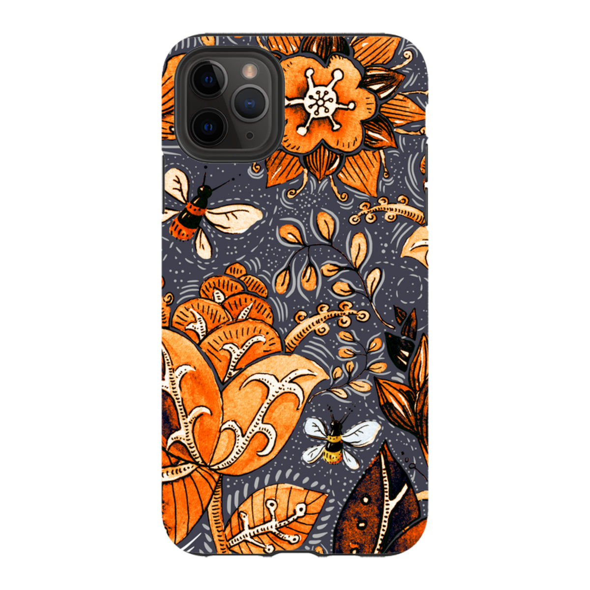 iPhone Tough Case featuring an orange floral and bee pattern on a dark grey background with dual-layer protection.