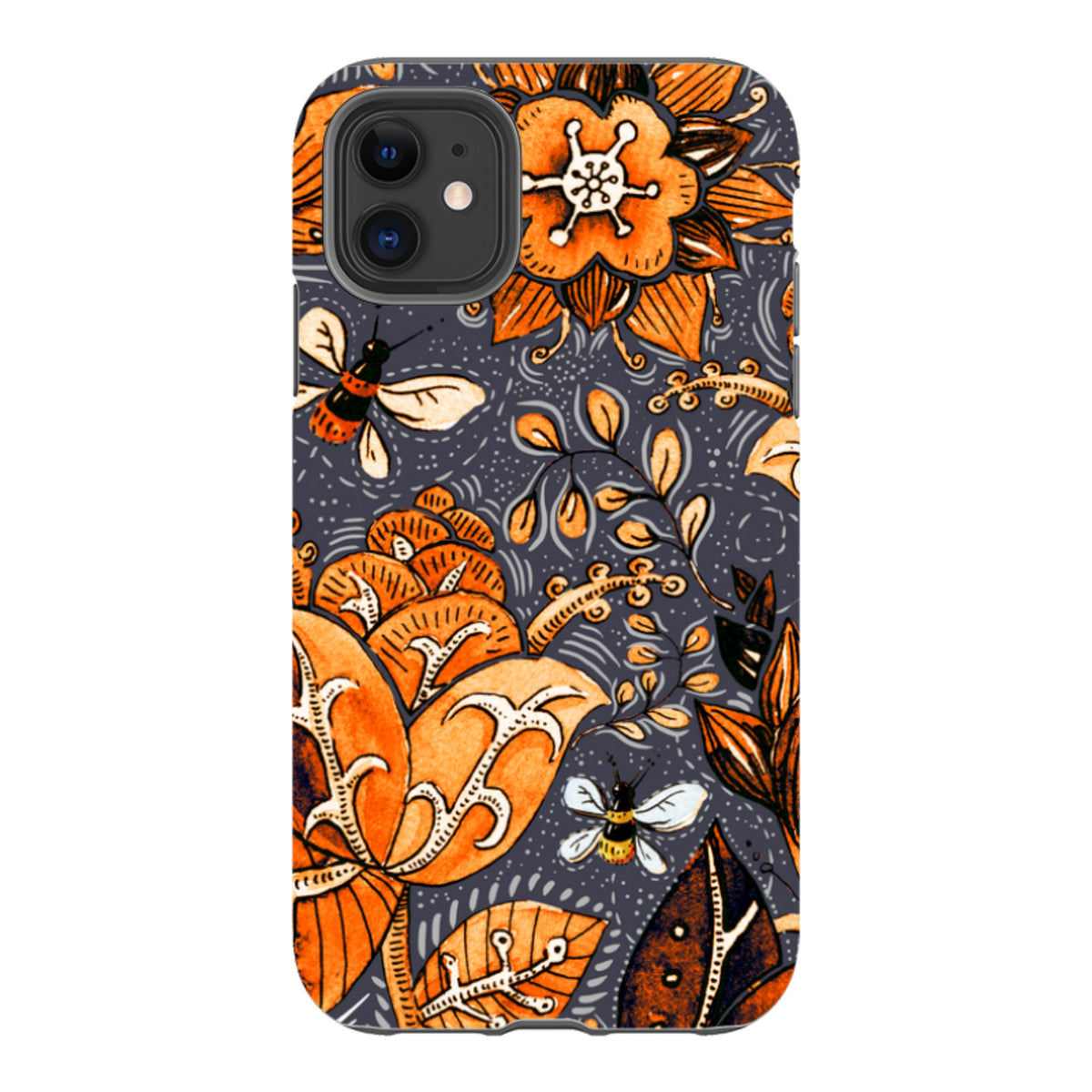 iPhone Tough Case featuring a dark grey background with orange floral patterns and small bees in a high-definition print.