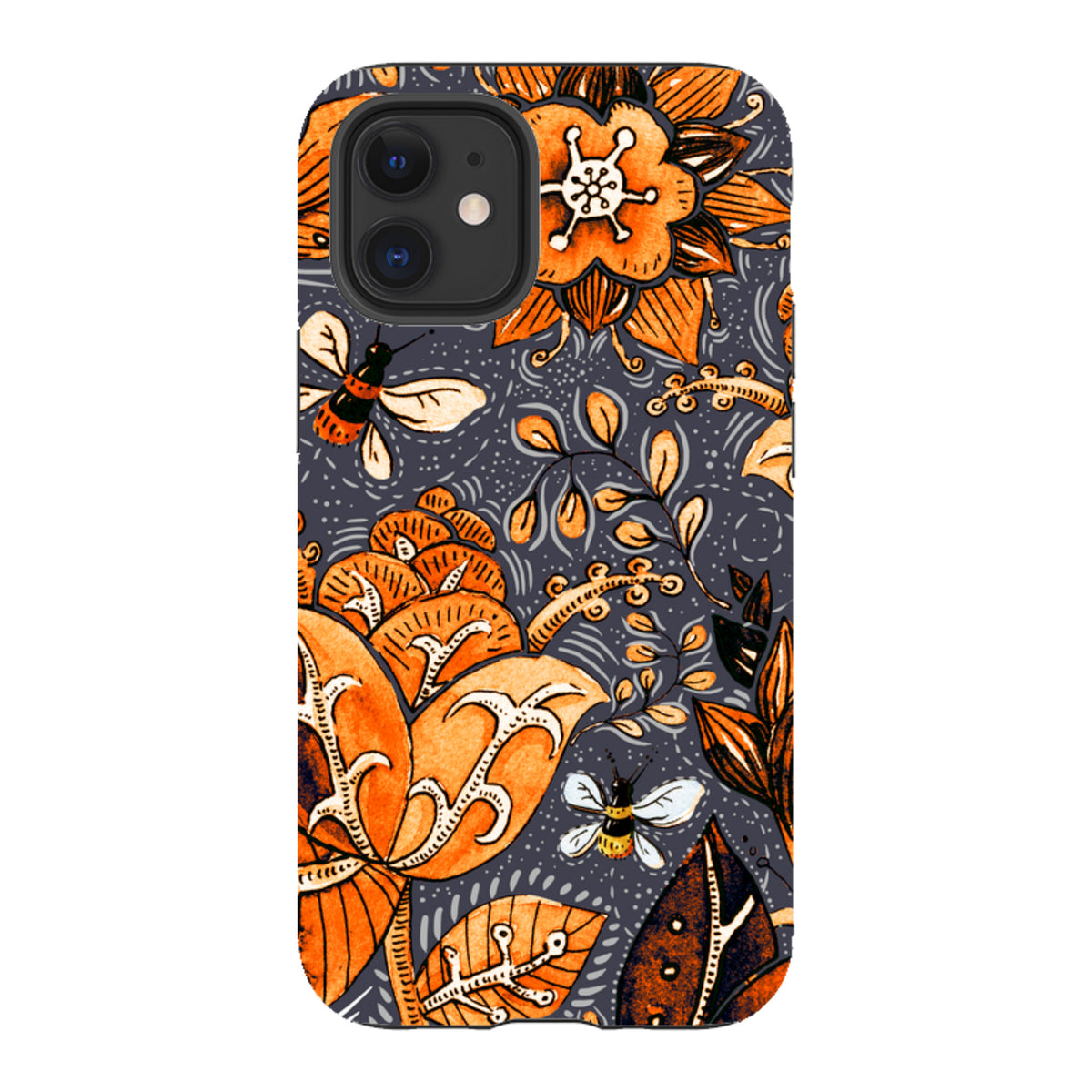 iPhone Tough Case in Hidcote design featuring orange floral patterns and bees on a dark grey background.
