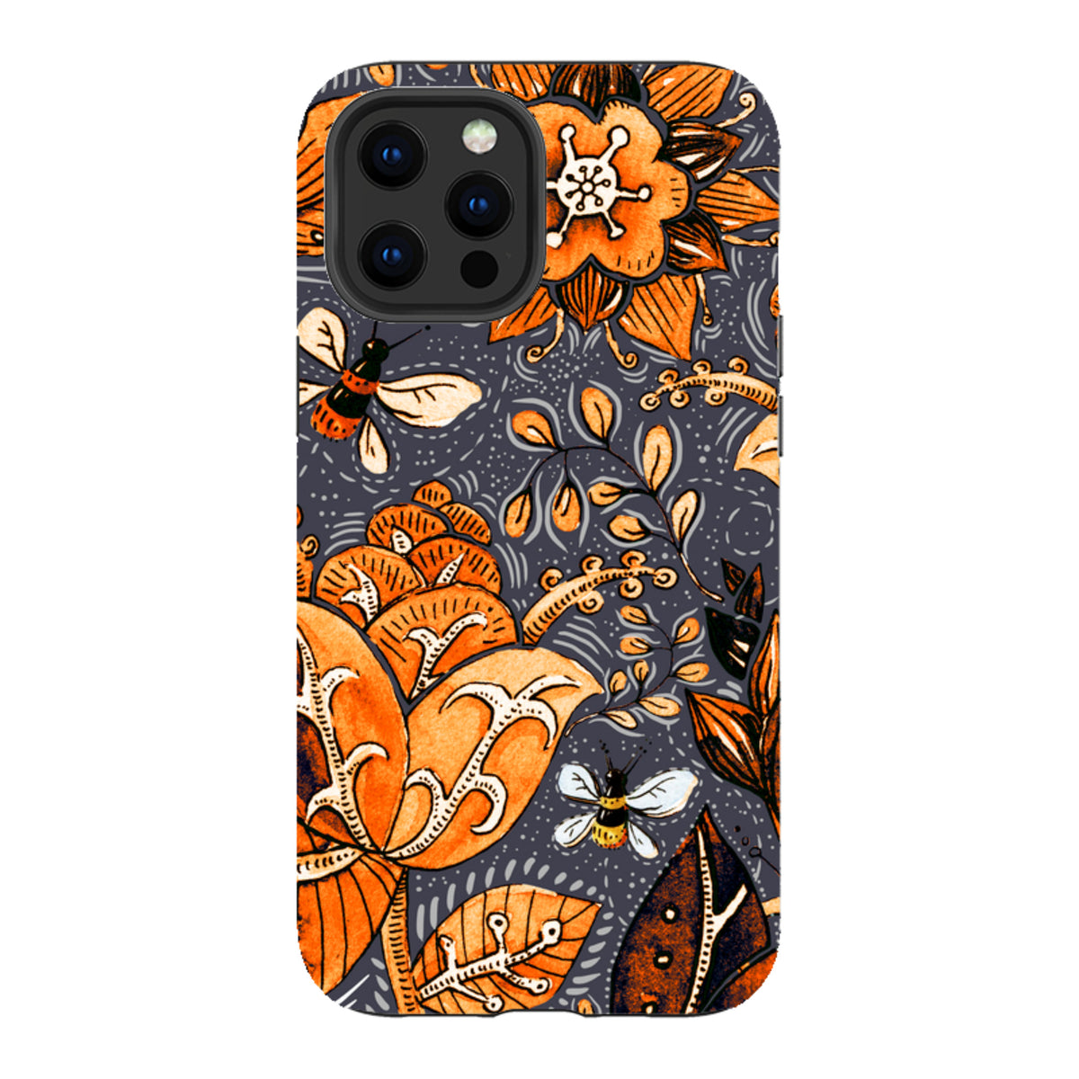 iPhone tough case featuring an orange floral and bee pattern on a dark grey background with dual-layer protection.