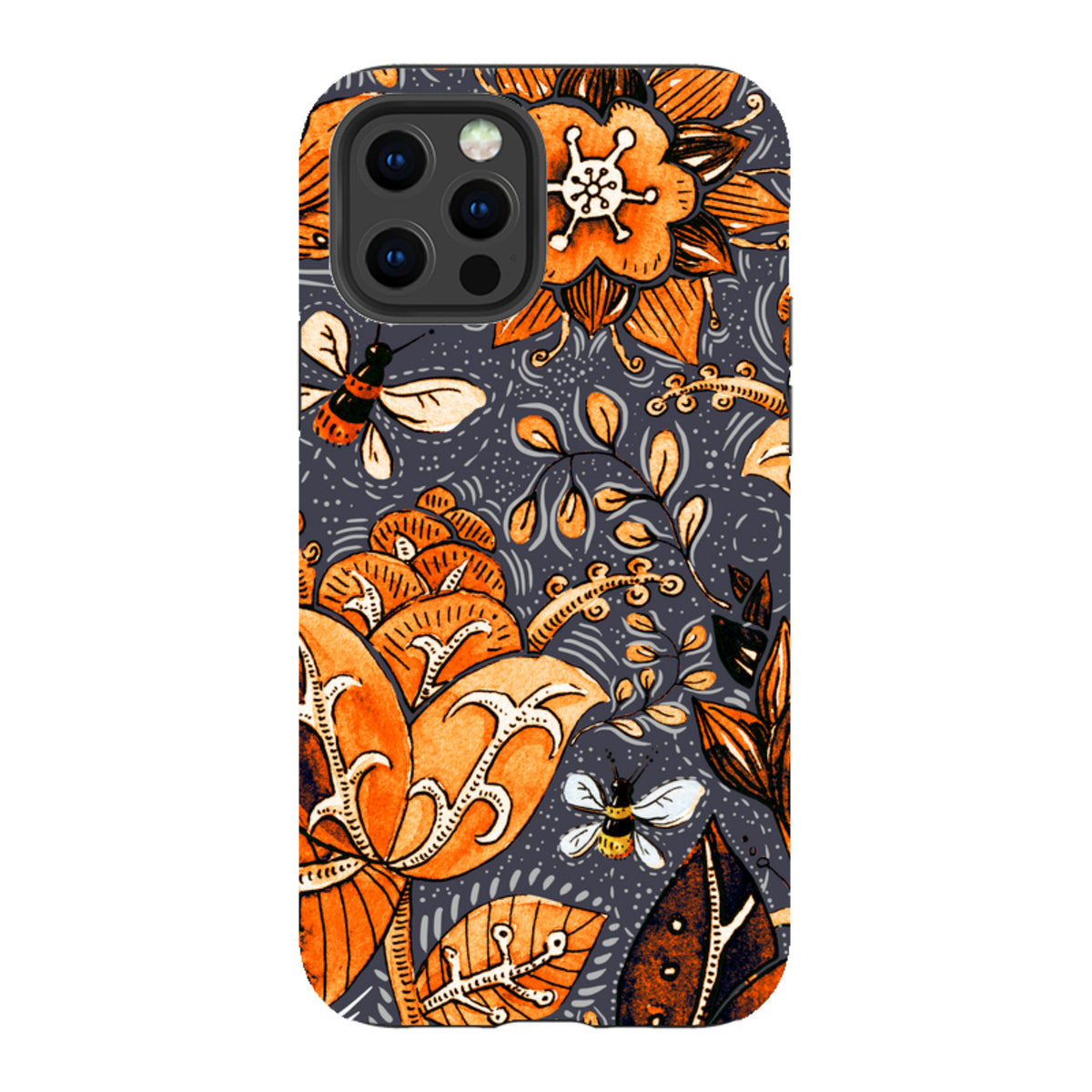iPhone Tough Case in Hidcote design featuring orange flowers and bees on a dark grey background with dual-layer protection.