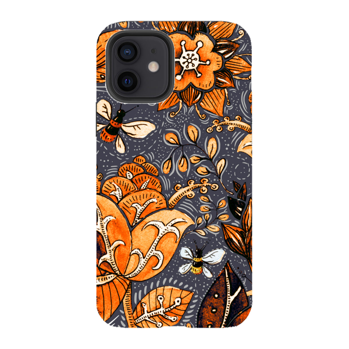 iPhone tough case with orange floral and bee illustrations on a dark grey background, featuring a dual-layer design.