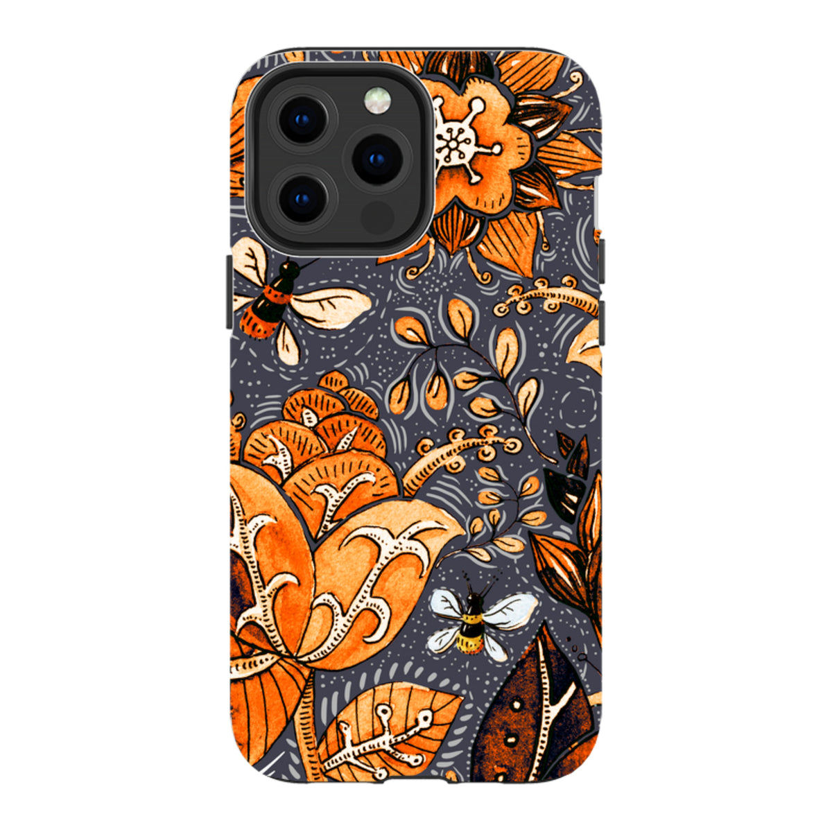 iPhone tough case featuring a dark grey background with orange floral patterns and bee illustrations.
