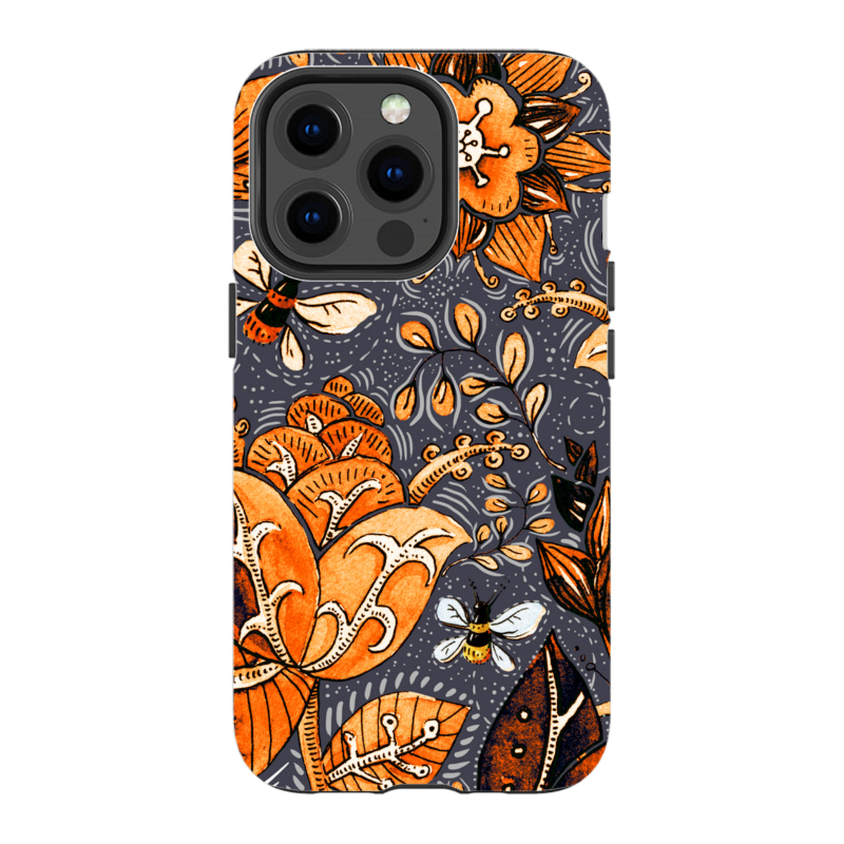 iPhone Tough Case in Hidcote design featuring orange floral patterns and bees on a dark grey background.
