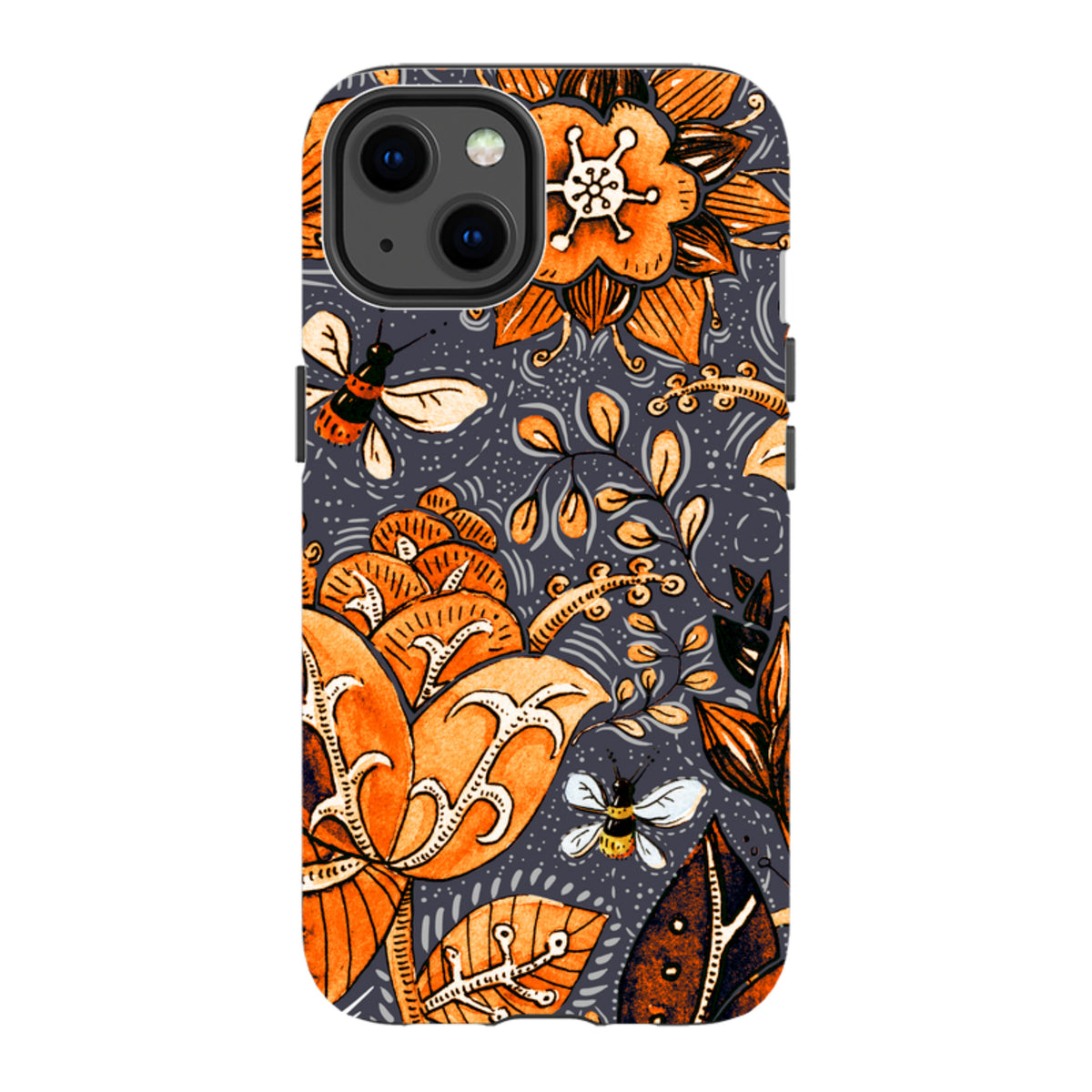 iPhone tough case with orange floral and bee illustrations on a dark grey background, featuring a dual-layer protective design.