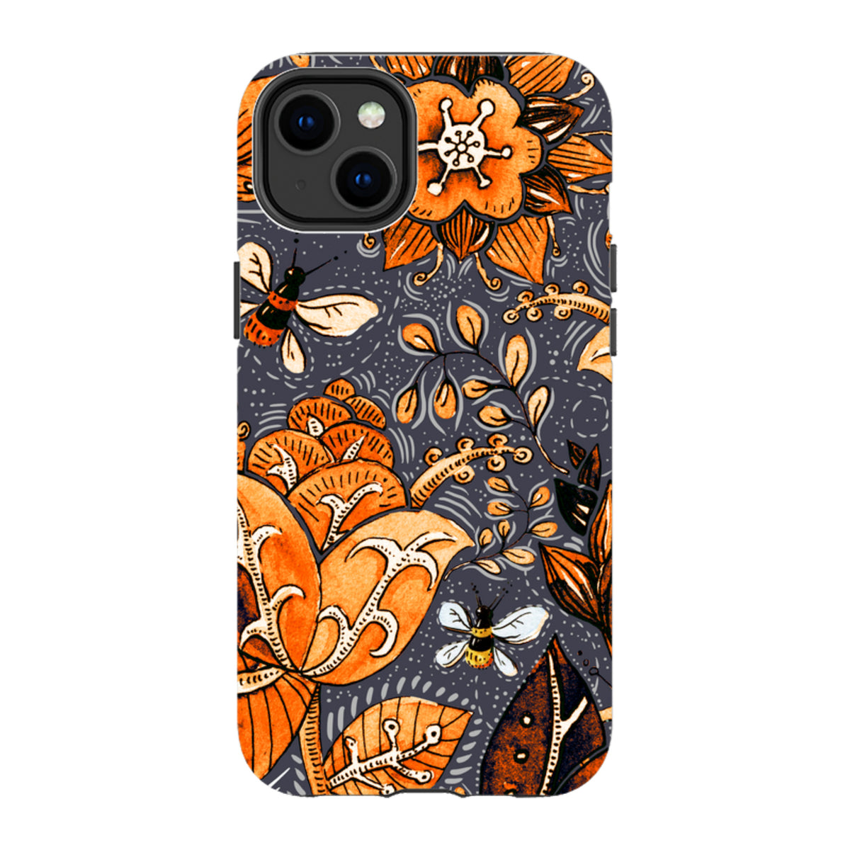 iPhone Tough Case in Hidcote design featuring orange floral patterns and bees on a dark grey background with dual-layer protection.