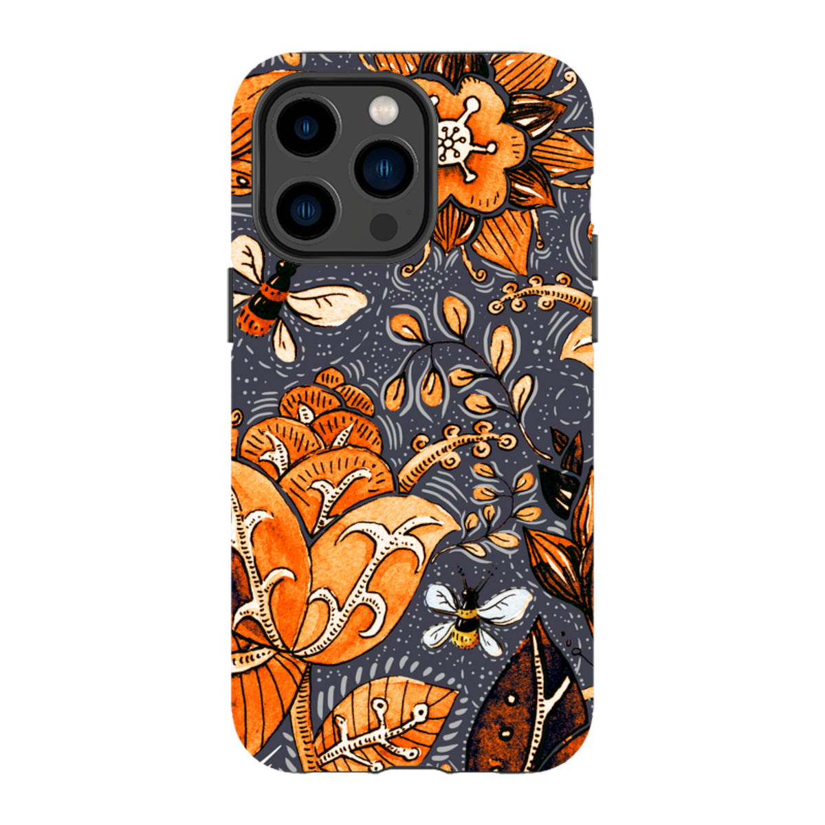 iPhone tough case with a dark grey background featuring orange floral patterns and small bees in a dual-layer design.