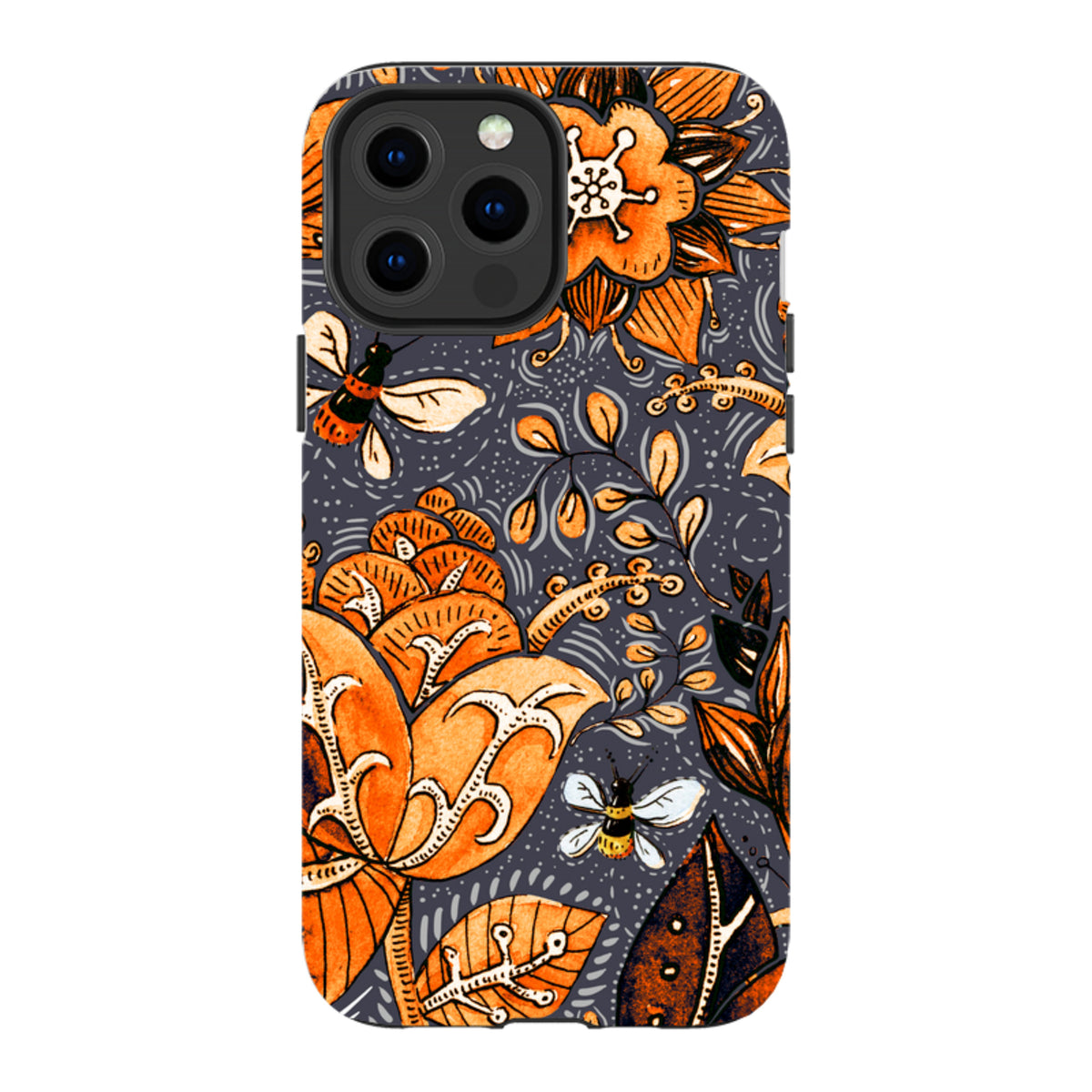 iPhone Tough Case in Hidcote design featuring orange floral patterns and bees on a dark grey background.