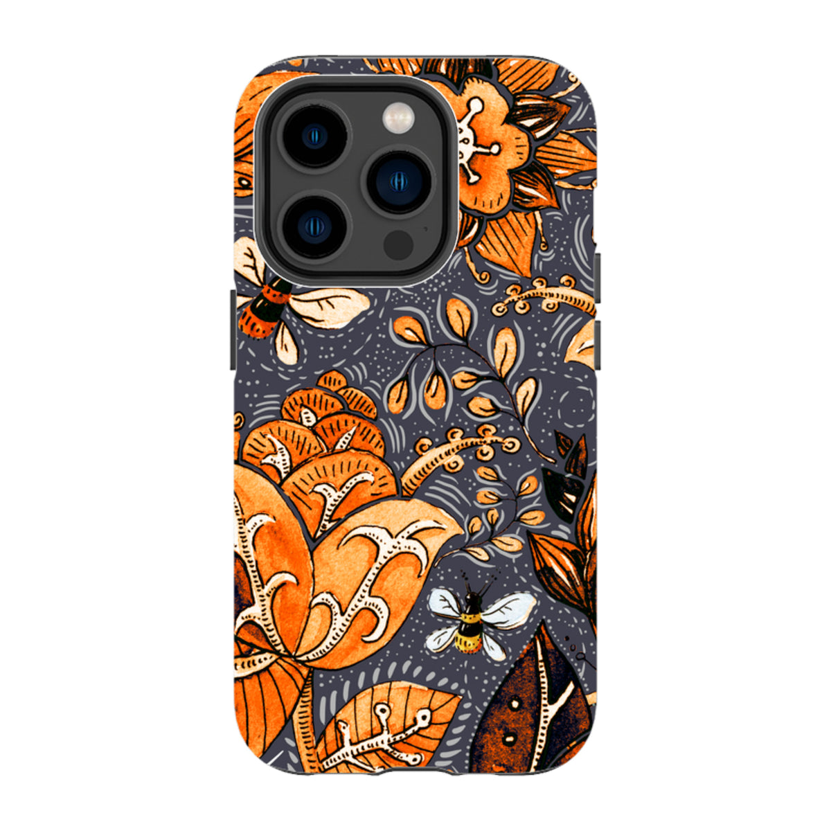 iPhone Tough Case in Hidcote design featuring orange floral patterns and bees on a dark grey background.