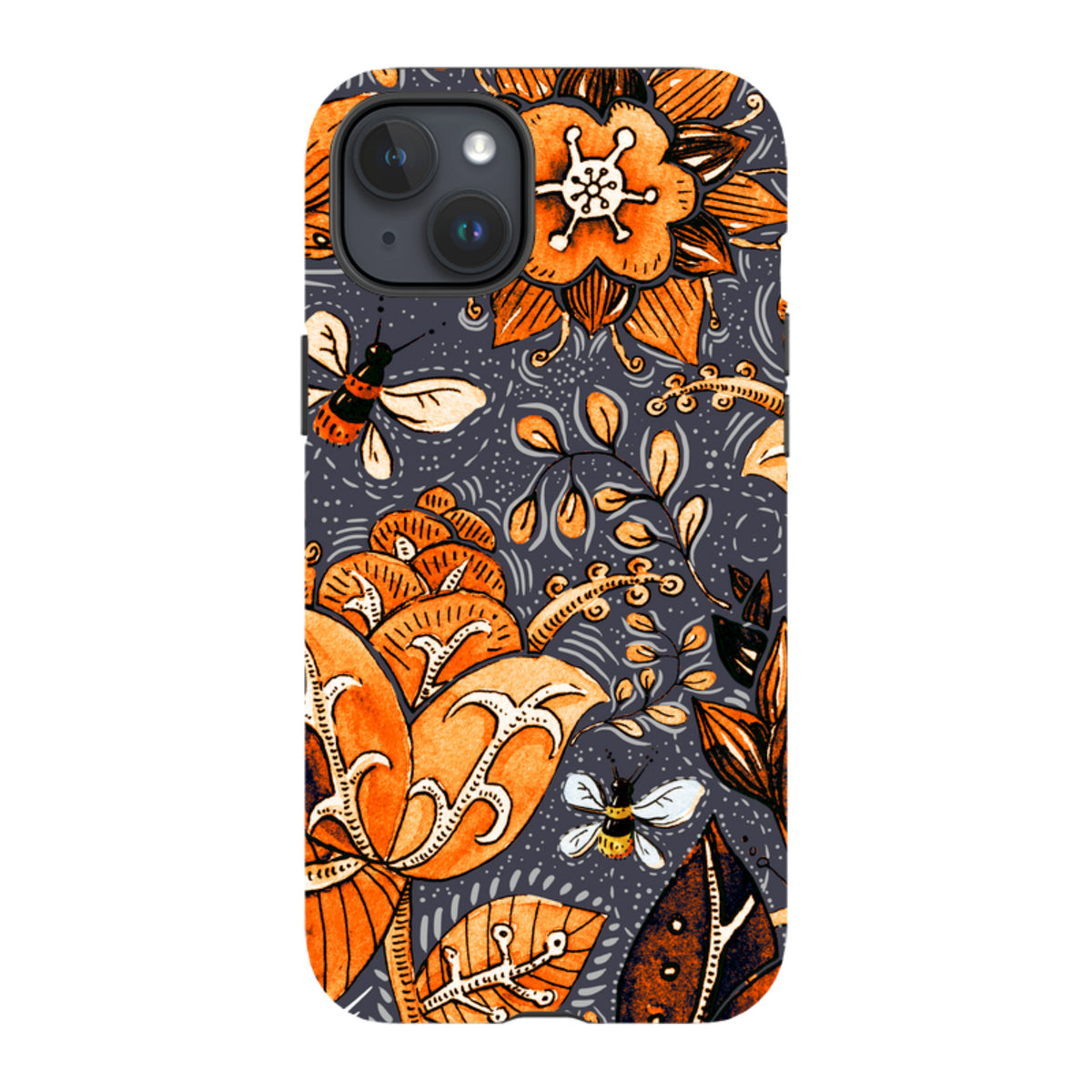iPhone tough case featuring orange floral patterns and bees on a dark grey background with dual-layer protection.