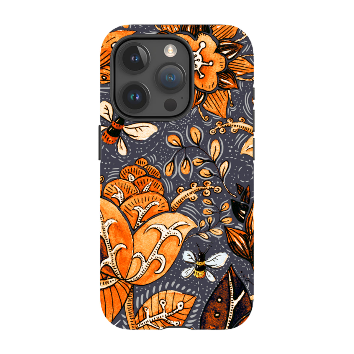 iPhone Tough Case in Hidcote design featuring orange floral patterns and bees on a dark grey background with dual-layer protection.
