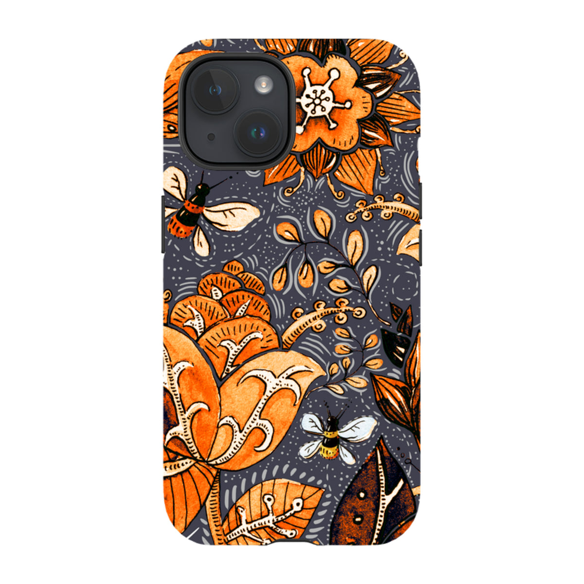 iPhone Tough Case featuring a dark grey background with orange floral patterns and small bumblebee illustrations.