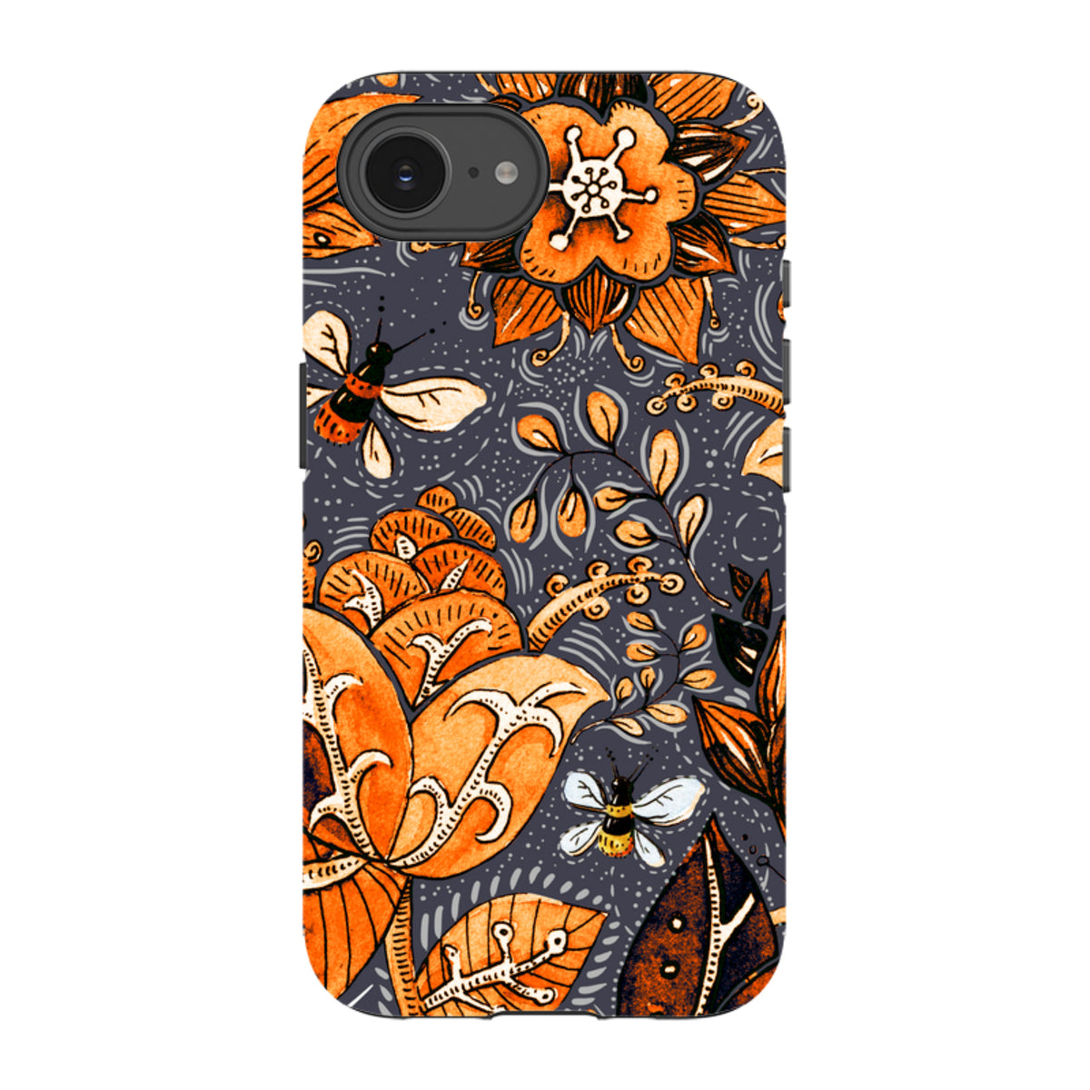 iPhone tough case featuring an orange floral and bee pattern on a dark grey background with dual-layer protection.