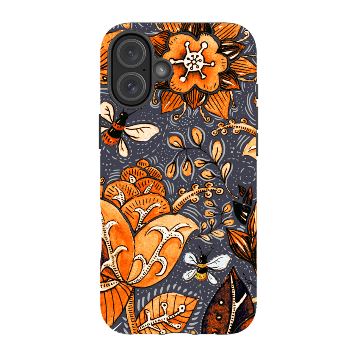 iPhone Tough Case in Hidcote design featuring orange floral patterns and bees on a dark grey background with dual-layer protection.