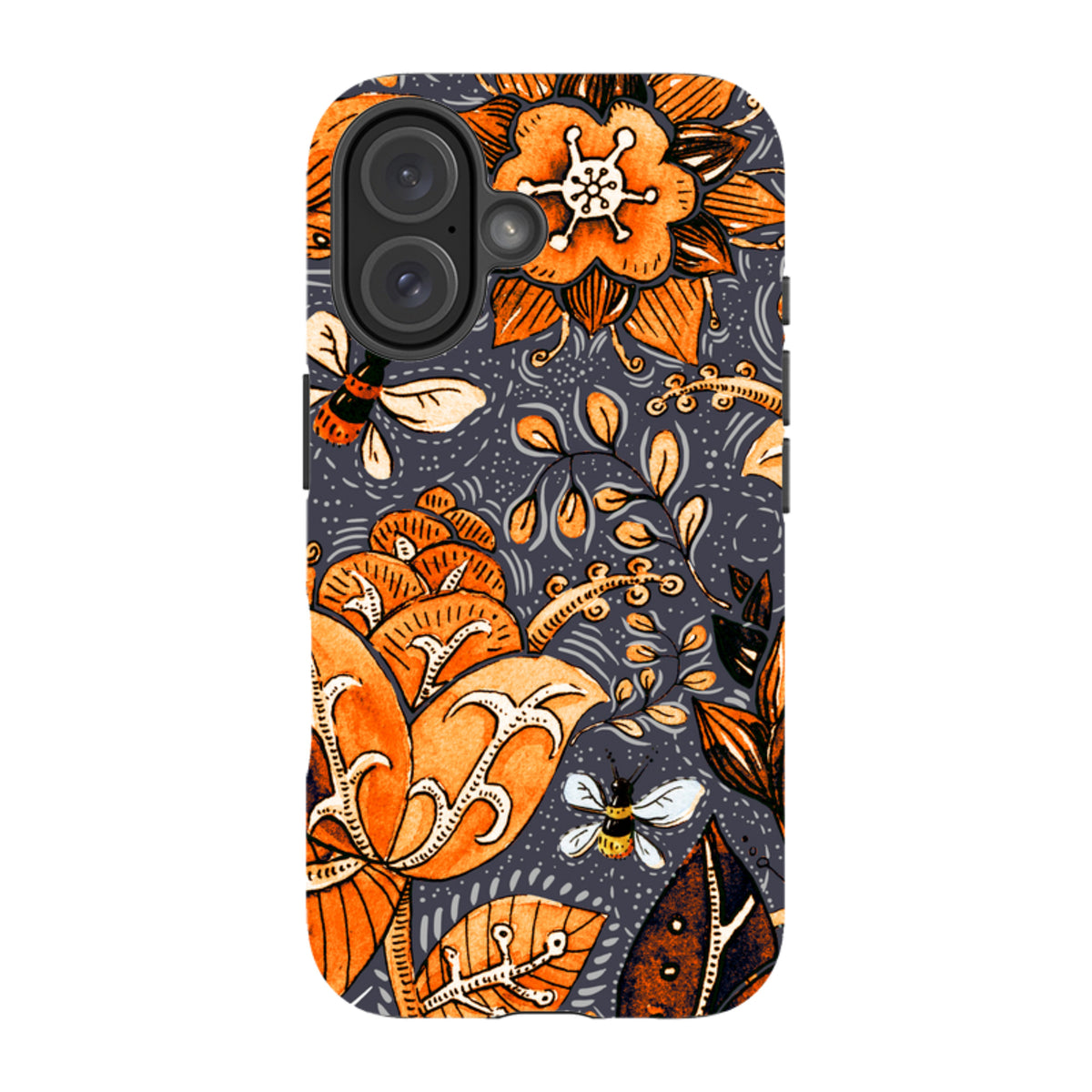 iPhone tough case featuring a dark grey background with orange floral patterns and small bees in a dual-layer protective design.