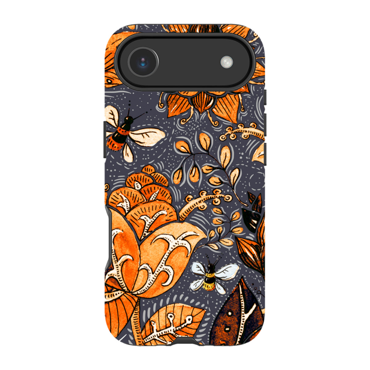 Dual-layer iPhone Tough Case in Hidcote print with orange floral patterns, bees, and a dark grey background.