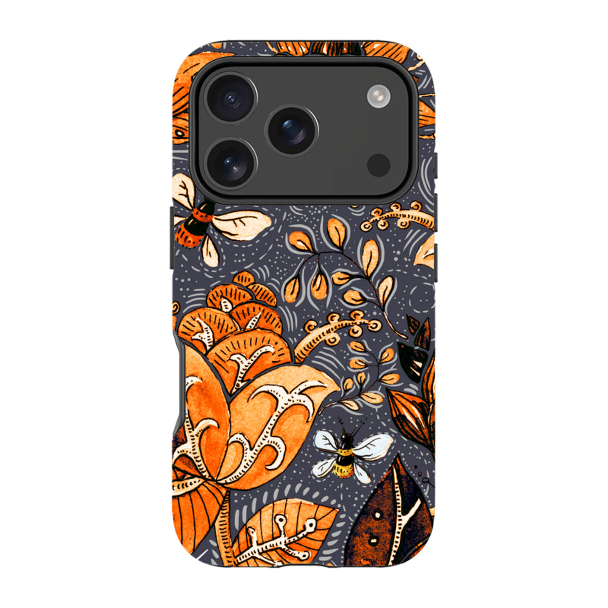 Dual-layer iPhone case featuring an orange floral and bee pattern on a dark grey background with raised camera protection.