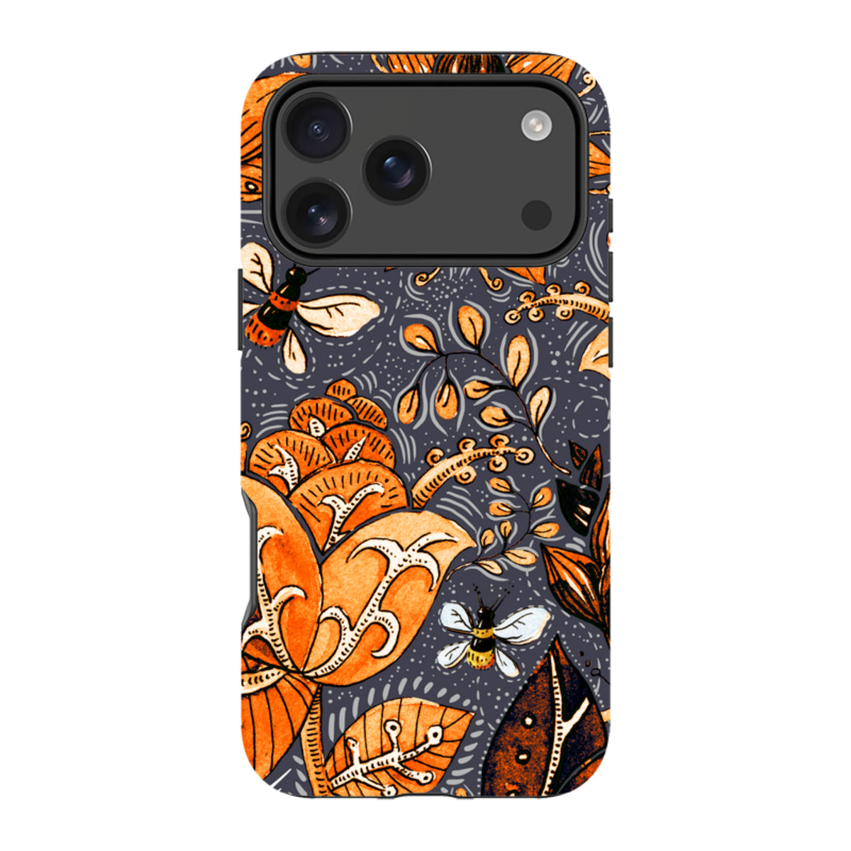 iPhone tough case featuring a dark grey background with orange floral patterns and small bees in a dual-layer protective design.
