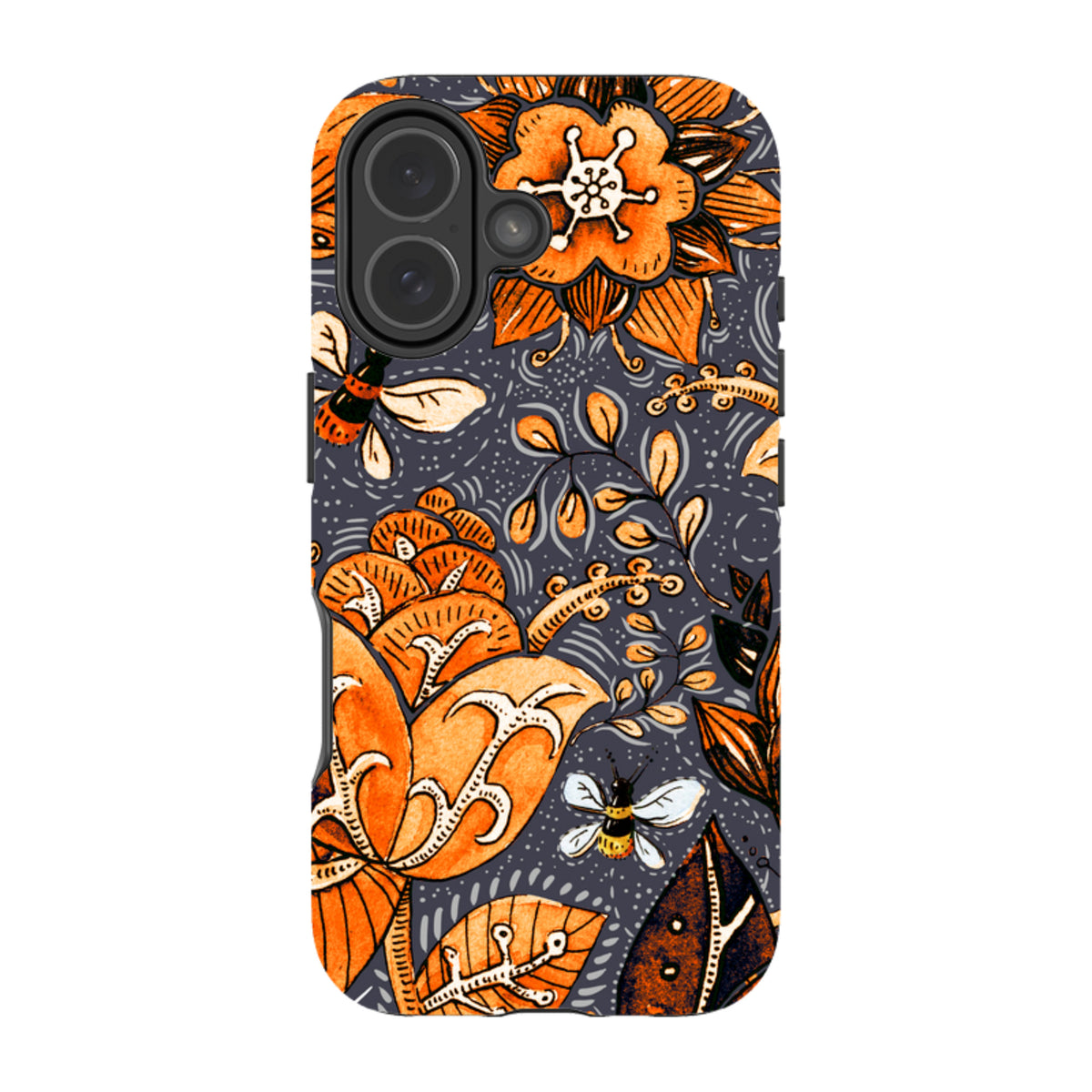 iPhone Tough Case featuring a dark grey background with vibrant orange floral patterns and small bee illustrations.