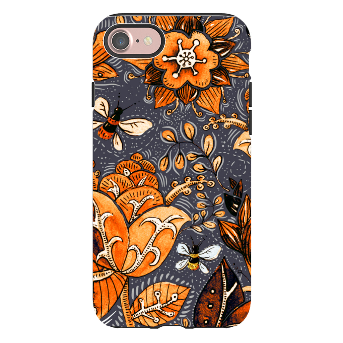 iPhone Tough Case in Hidcote design featuring orange floral patterns and bees on a dark grey background.