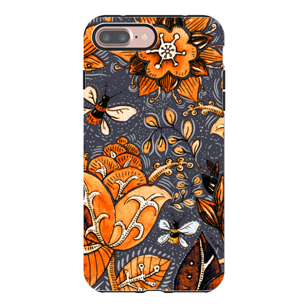 iPhone Tough Case in Hidcote design featuring orange floral patterns and bees on a dark grey background.