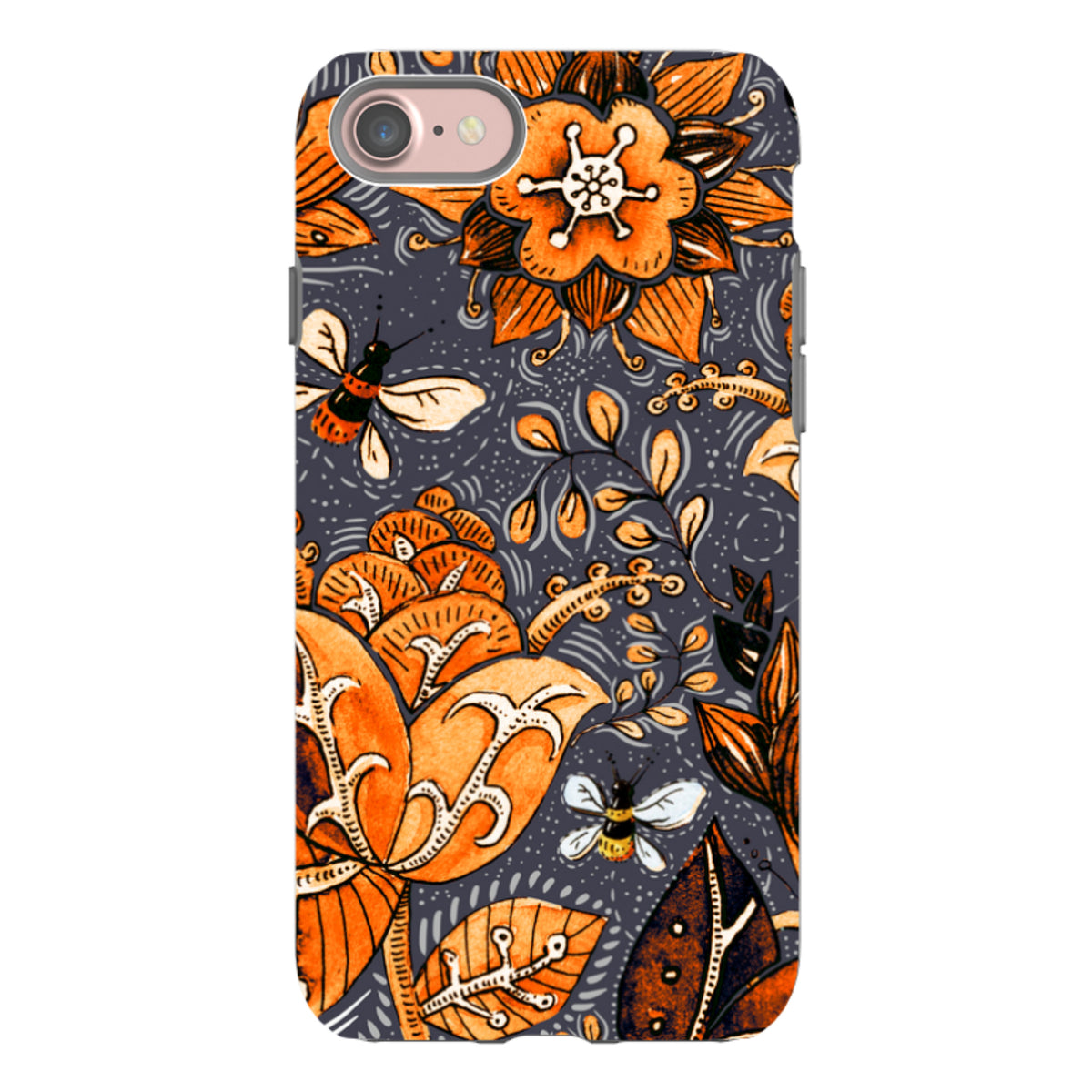 iPhone tough case featuring a dark grey background with vibrant orange floral patterns and small bees.