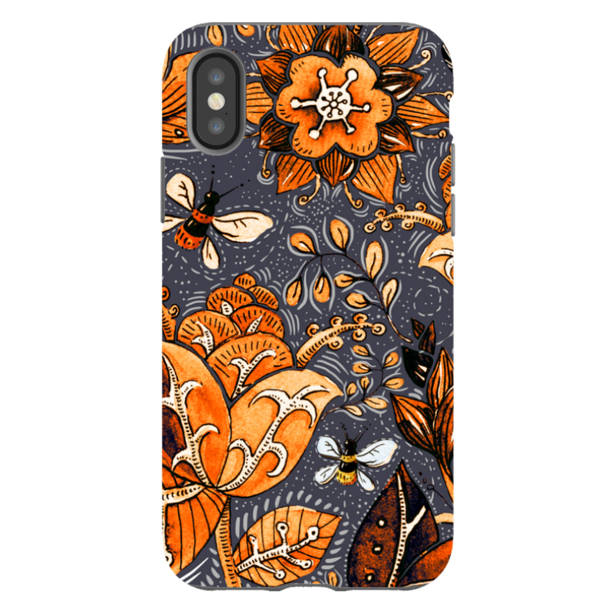iPhone Tough Case in Hidcote design featuring orange flowers and bees on a dark grey background with dual-layer protection.