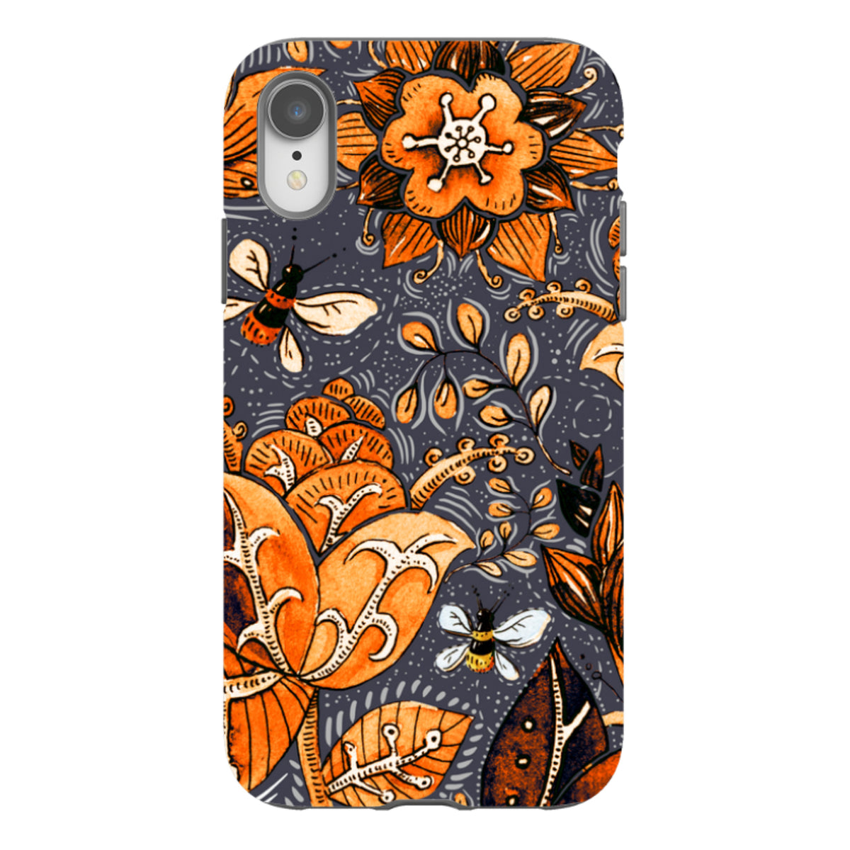 iPhone tough case featuring a dark gray background with orange floral patterns and small bees in a high-definition print.