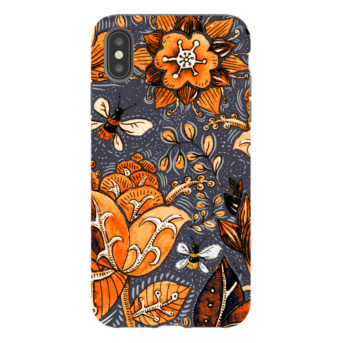 iPhone Tough Case in Hidcote design featuring orange floral patterns and bees on a dark grey background.