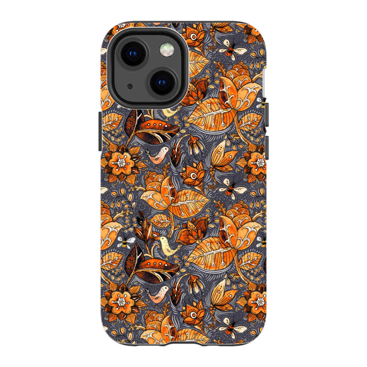 iPhone tough case featuring a decorative Hidcote floral and bird pattern in vibrant orange on a dark grey background.