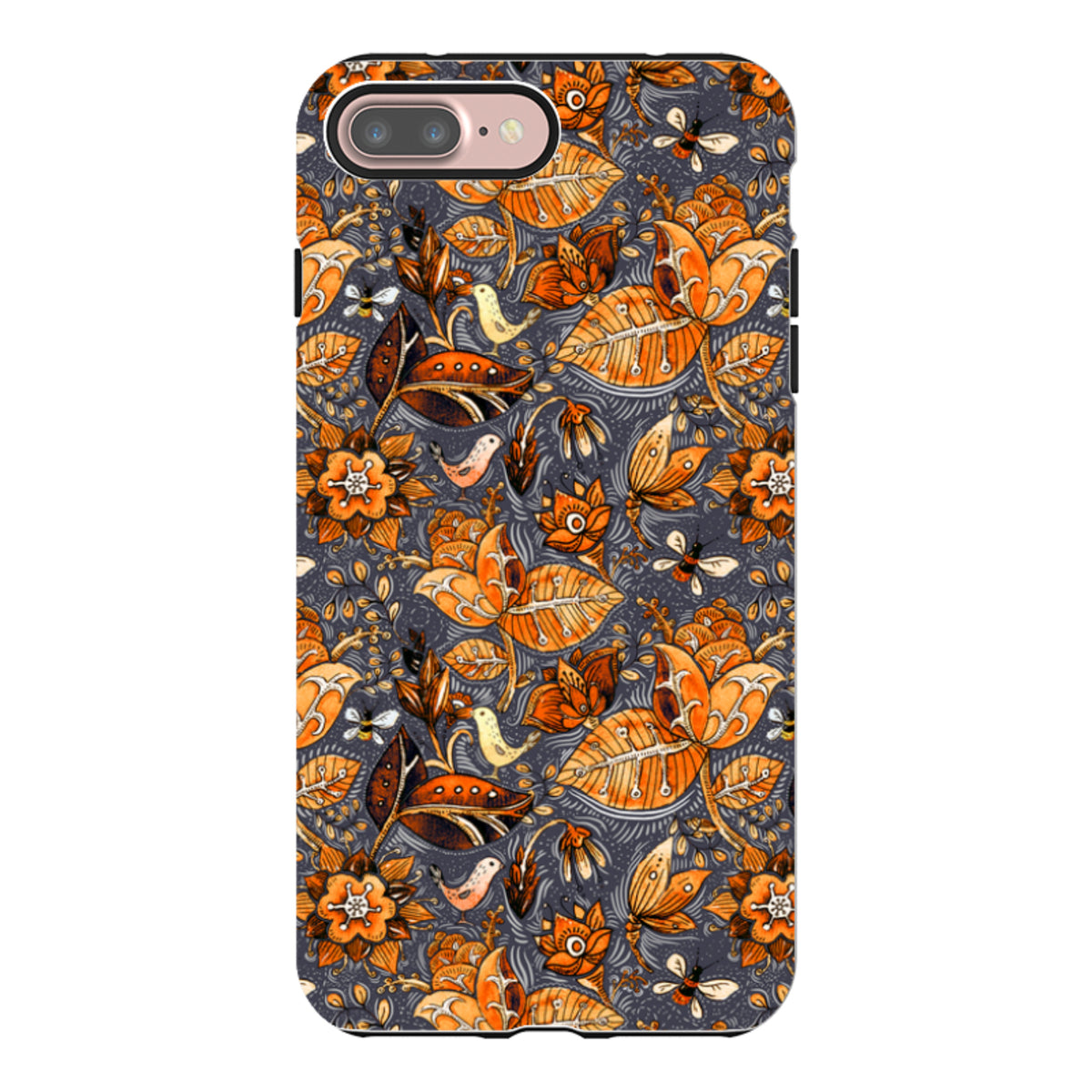 Dual-layer iPhone tough case featuring a decorative Hidcote floral pattern in vibrant orange and dark grey tones.