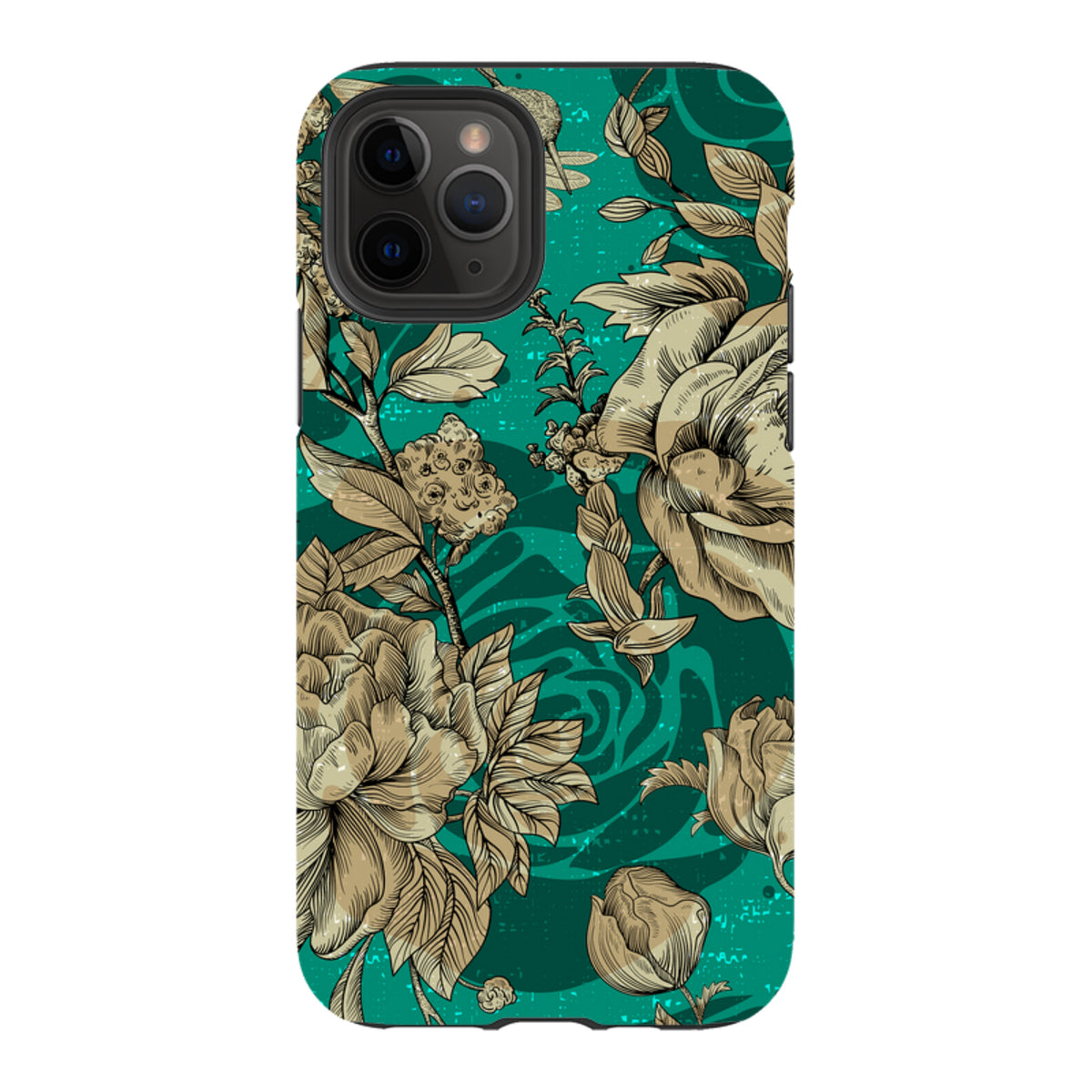 Dual-layer iPhone tough case featuring a teal background with intricate beige floral botanical illustrations.