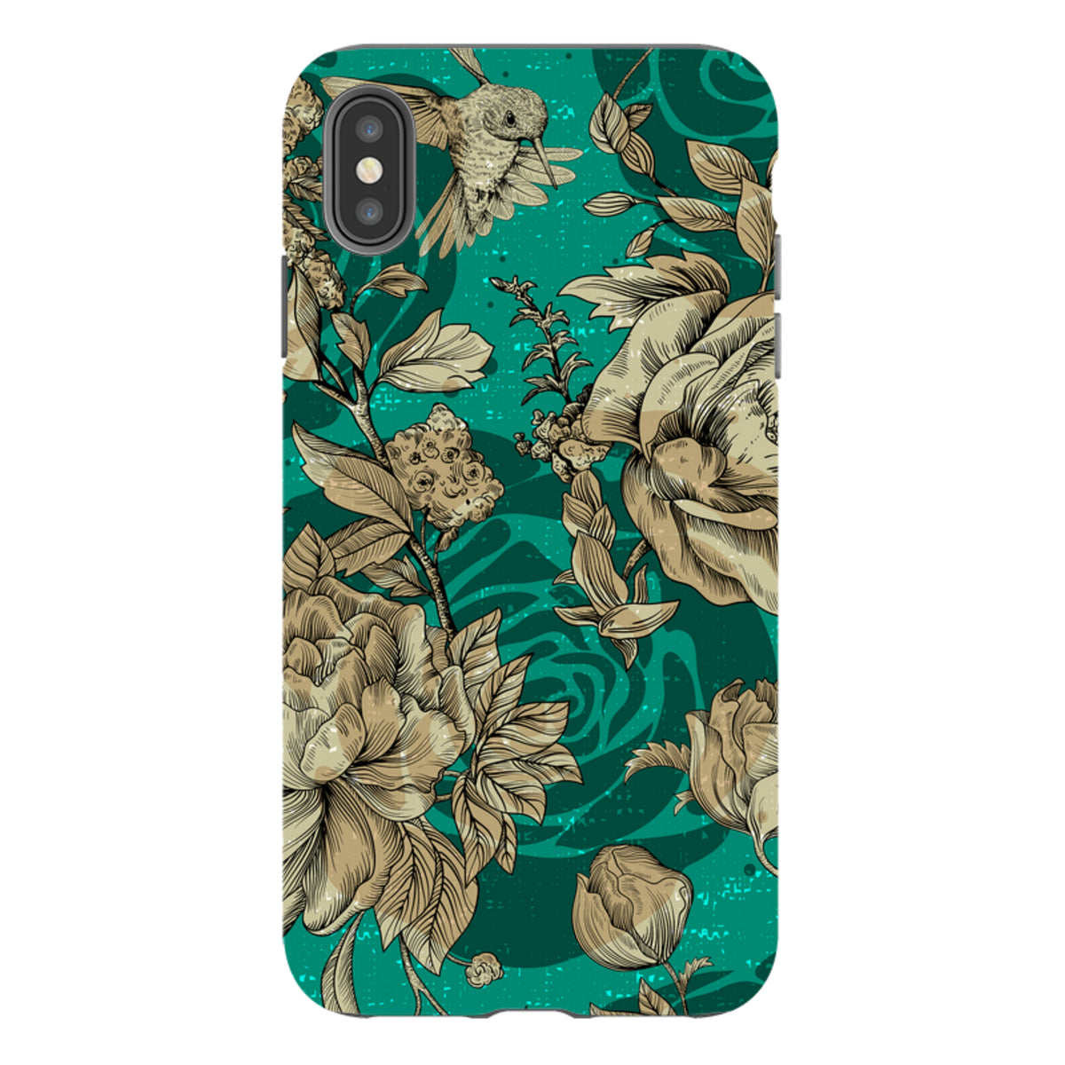 iPhone tough case with a teal floral pattern, featuring illustrated beige flowers and a hummingbird in high definition.