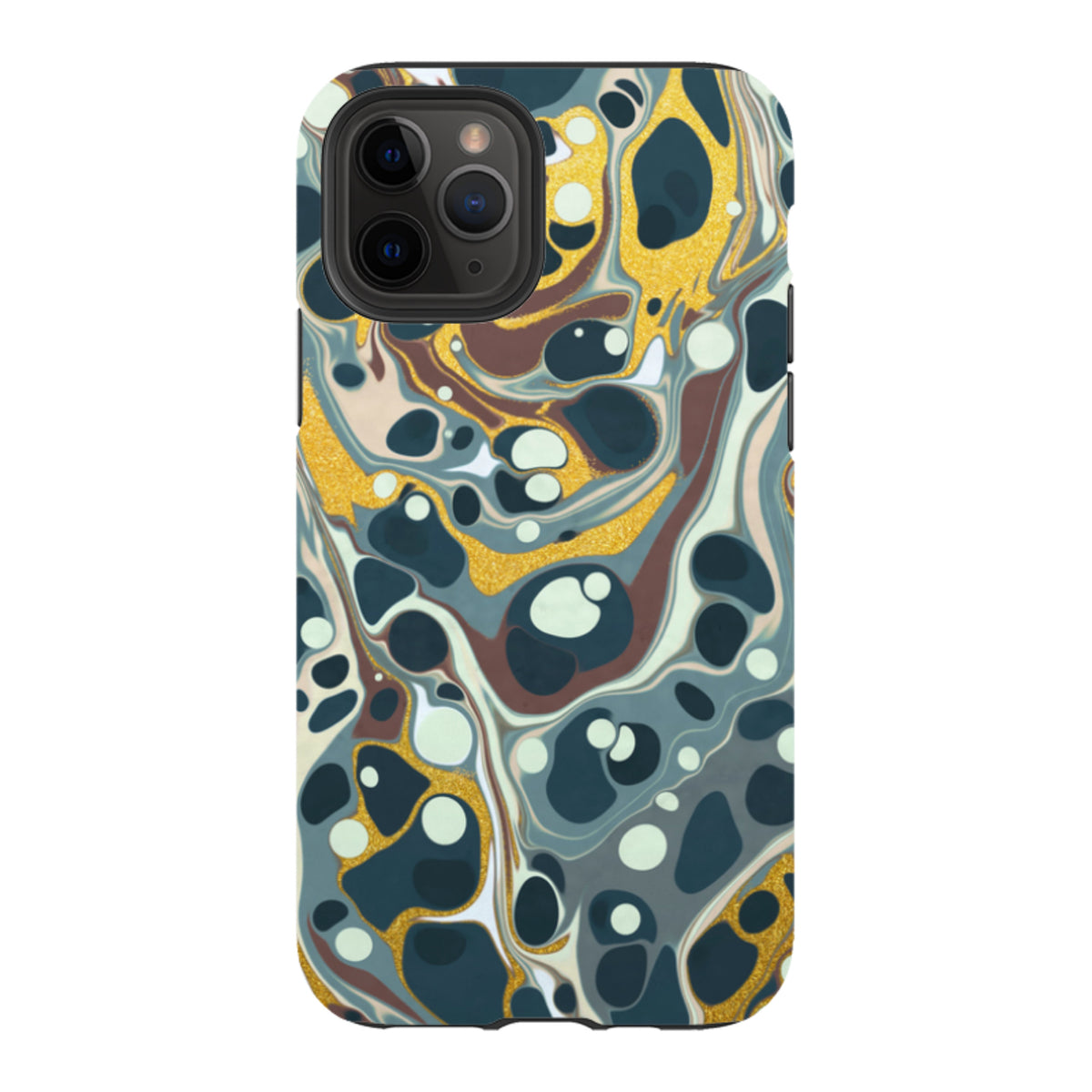 iPhone Tough Case featuring a swirling abstract pattern of dark blue, brown, and shimmering gold accents.