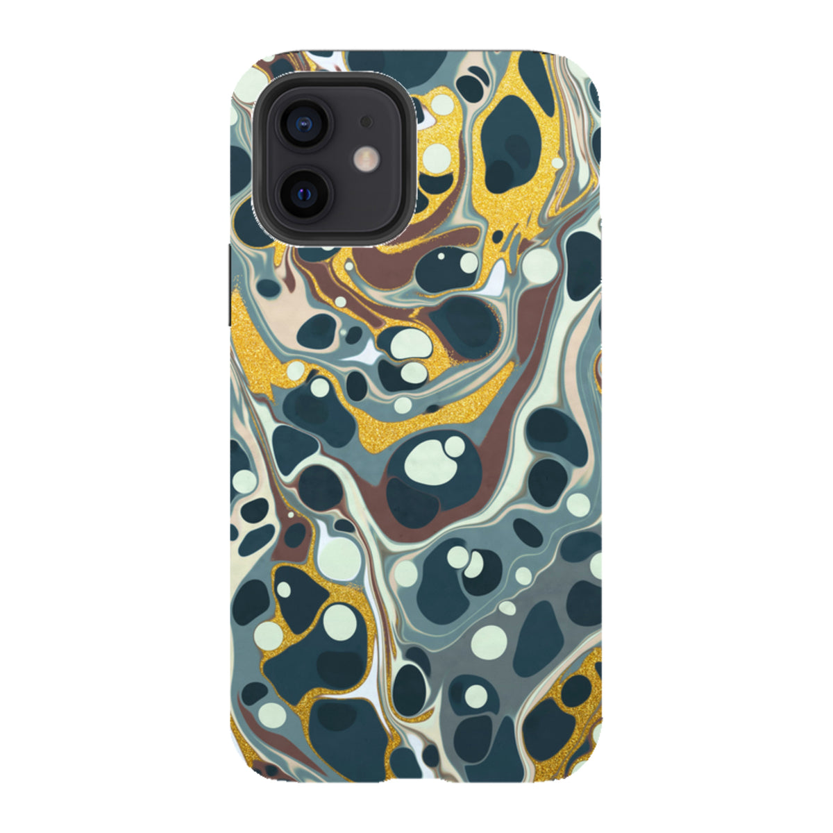 iPhone Tough Case featuring a swirling marble pattern in dark blue, brown, and gold glitter accents.