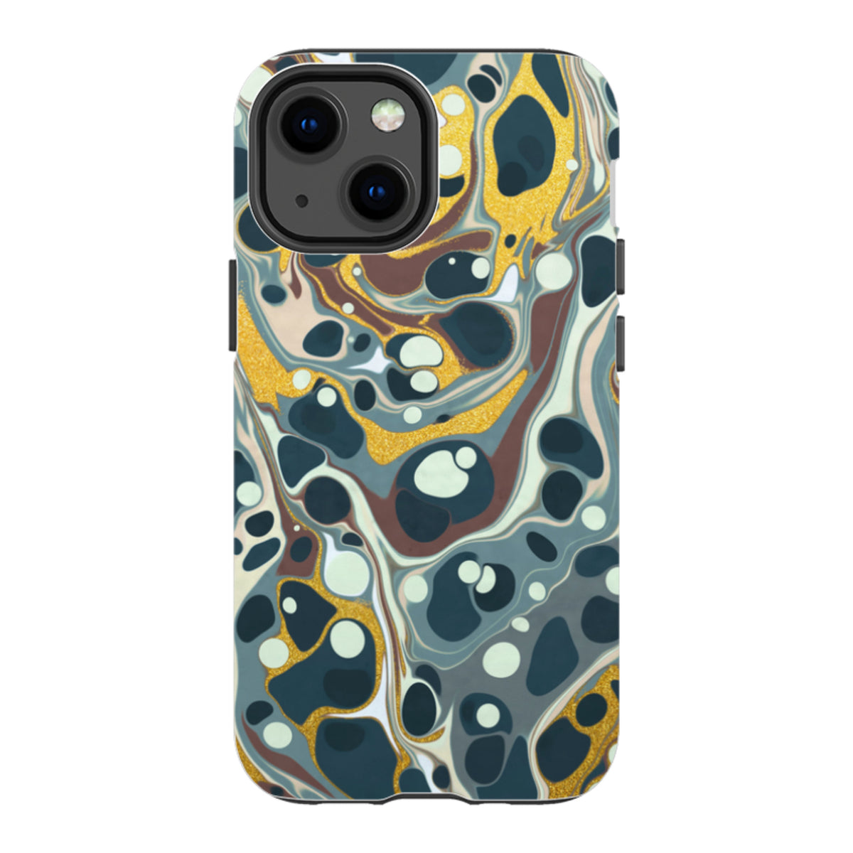 iPhone tough case with an abstract teal, brown, and gold glitter marble swirl design and dual-layer protective shell.