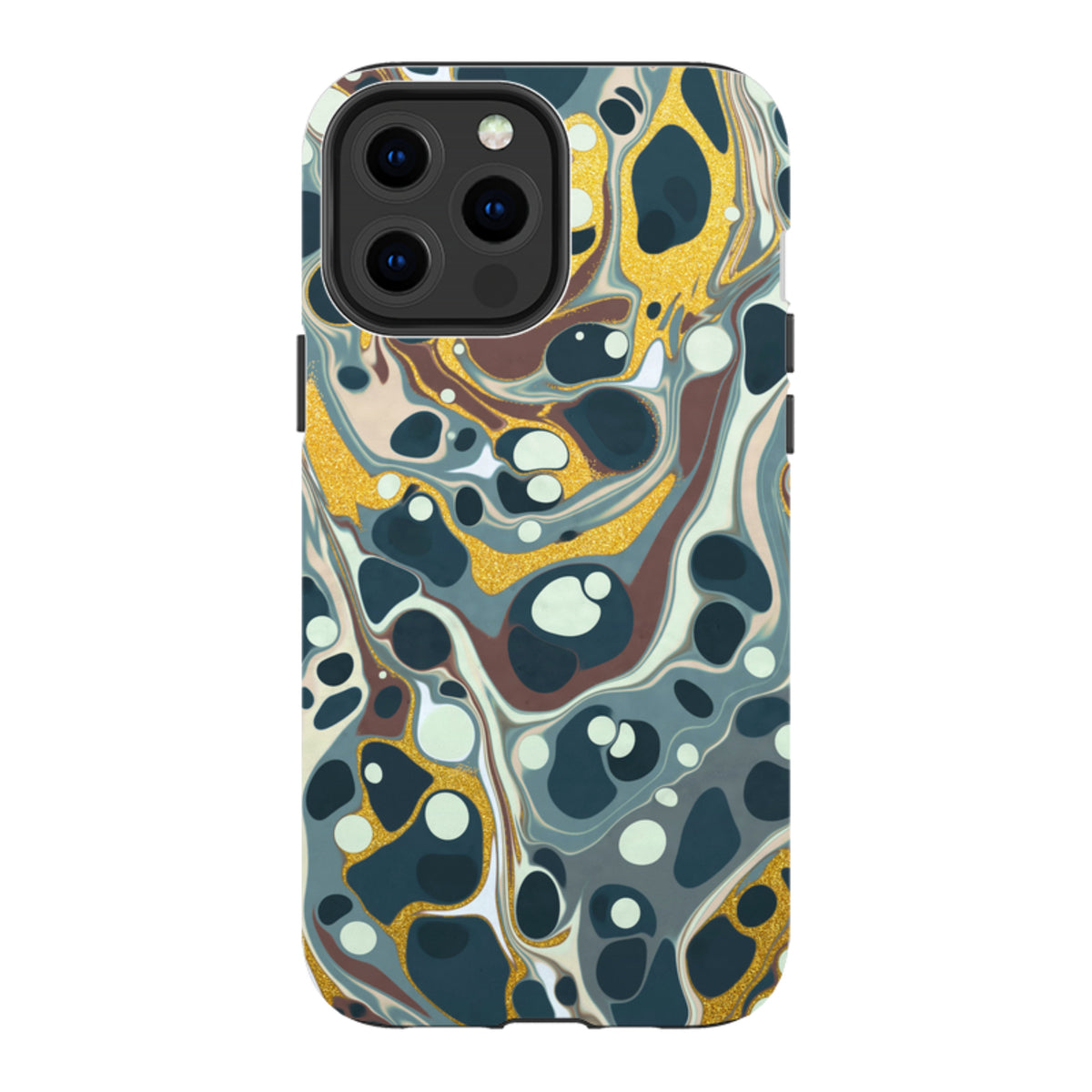 iPhone Tough Case featuring a swirling marble pattern in navy, brown, and gold glitter with a dual-layer protective design.