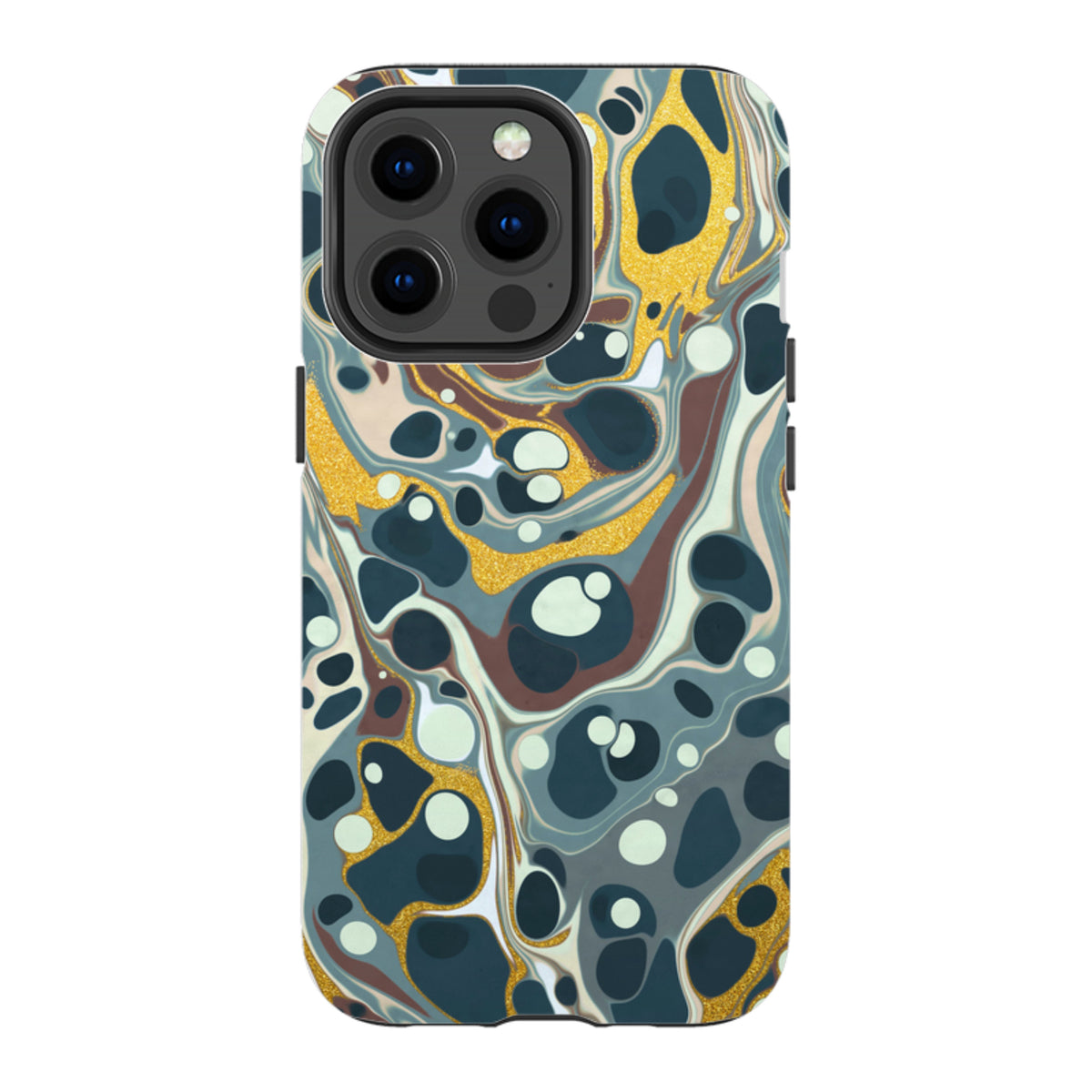 iPhone Tough Case featuring a swirling abstract pattern of dark blue, cream, and shimmering gold glitter accents.