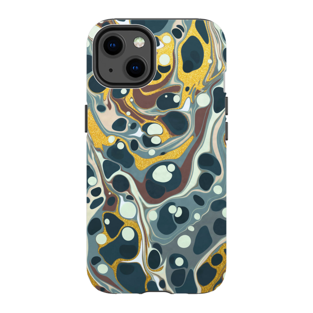 iPhone Tough Case featuring a swirling abstract pattern of dark blue, brown, and metallic gold accents with a dual-layer design.