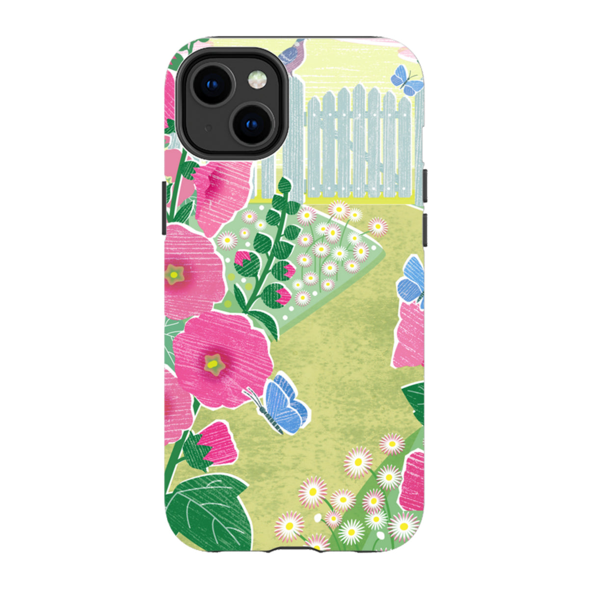 iPhone Tough Case featuring Liane Payne’s Hollyhocks art with pink flowers, blue butterflies, and a garden fence design.