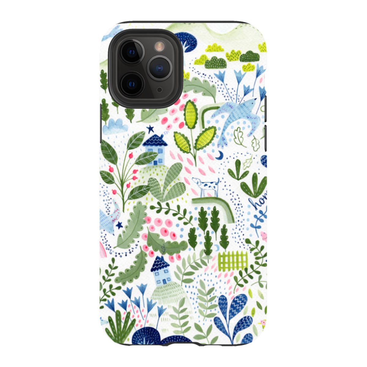 iPhone tough case featuring Bex Parkin’s whimsical botanical and house pattern in blue, green, and pink on white.