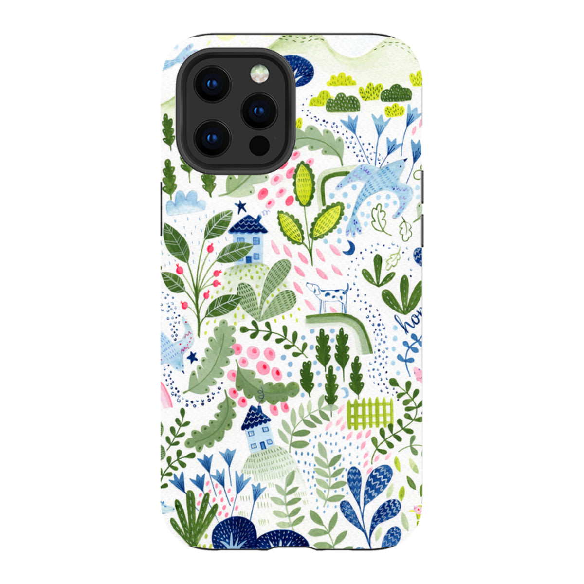 iPhone tough case featuring Bex Parkin’s whimsical botanical and house illustration in vibrant green, blue, and pink.