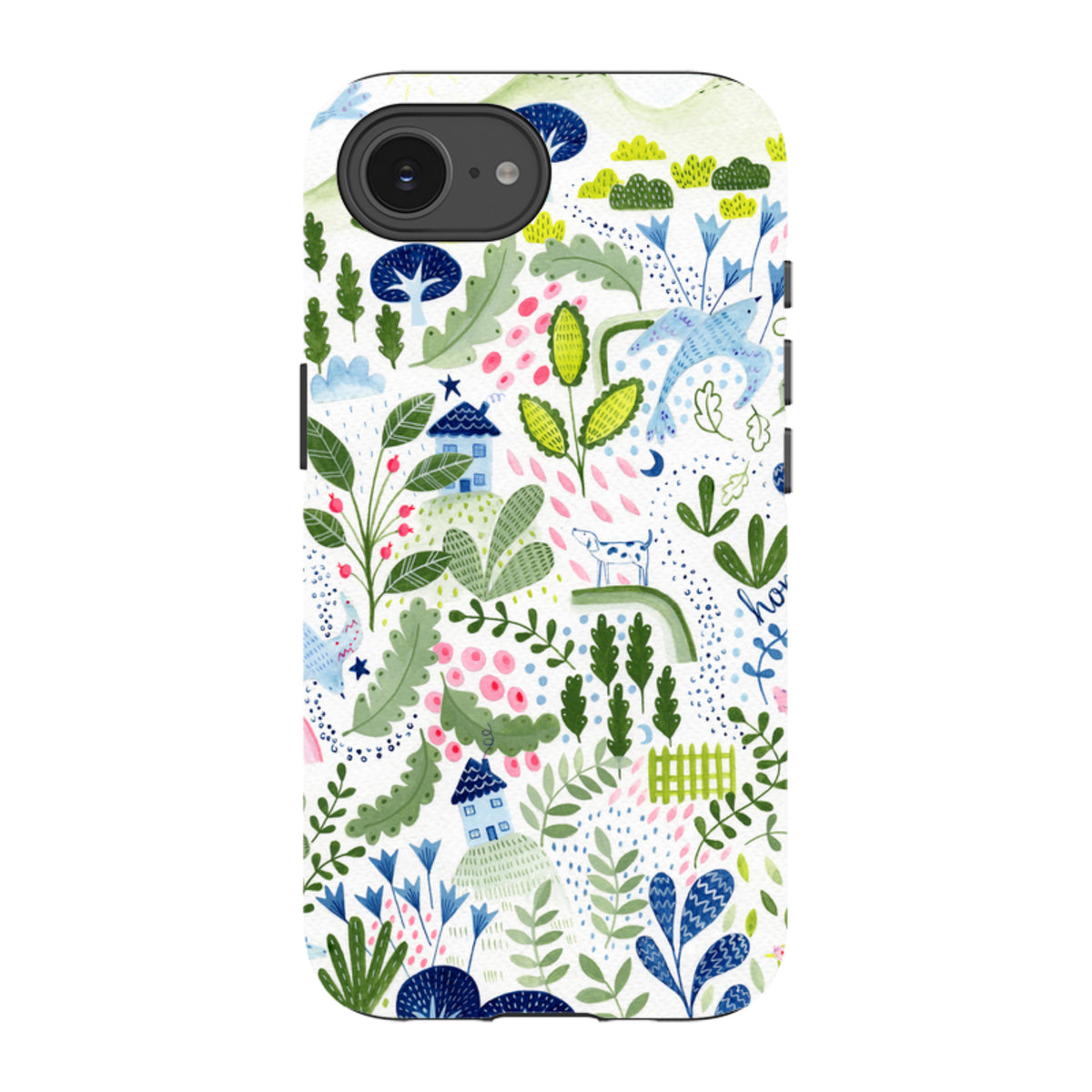 iPhone Tough Case featuring a whimsical watercolor landscape with houses, plants, and animals on a white background.