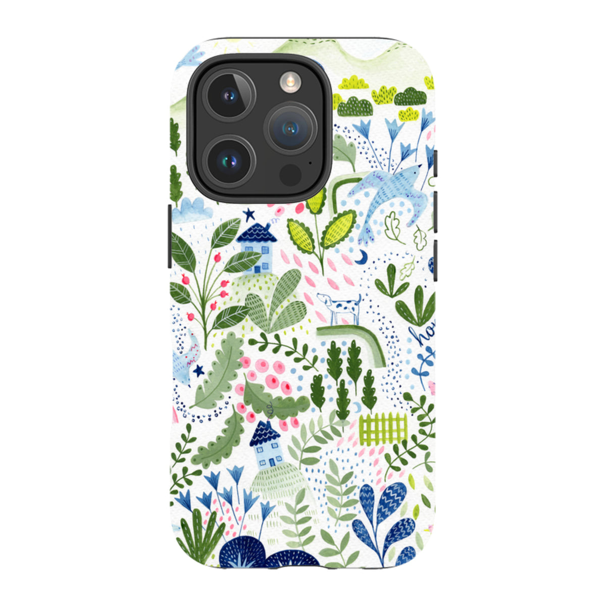 iPhone tough case featuring a whimsical Bex Parkin nature and house print with blue, green, and pink botanical accents.