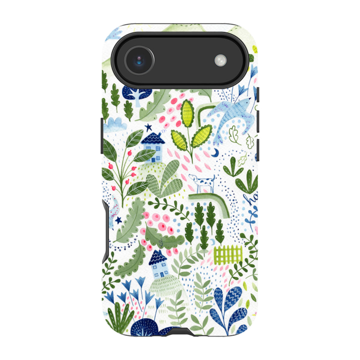 iPhone tough case featuring Bex Parkin’s whimsical botanical and house pattern with a durable dual-layer protective shell.