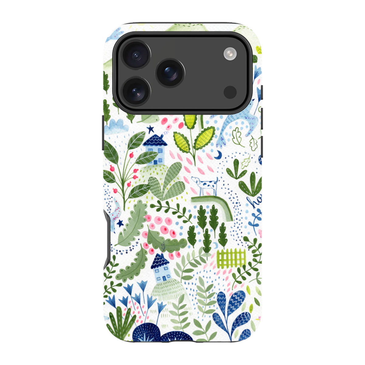 Dual-layer iPhone tough case featuring Bex Parkin's whimsical house, plant, and dog illustration in blue, green, and pink.