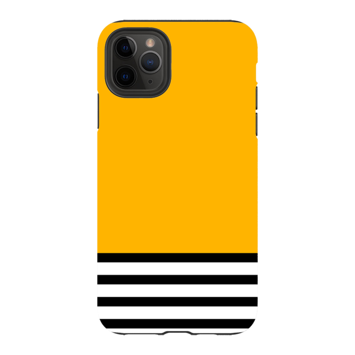 iPhone tough case with a solid yellow top and black and white striped bottom, featuring a durable dual-layer design.