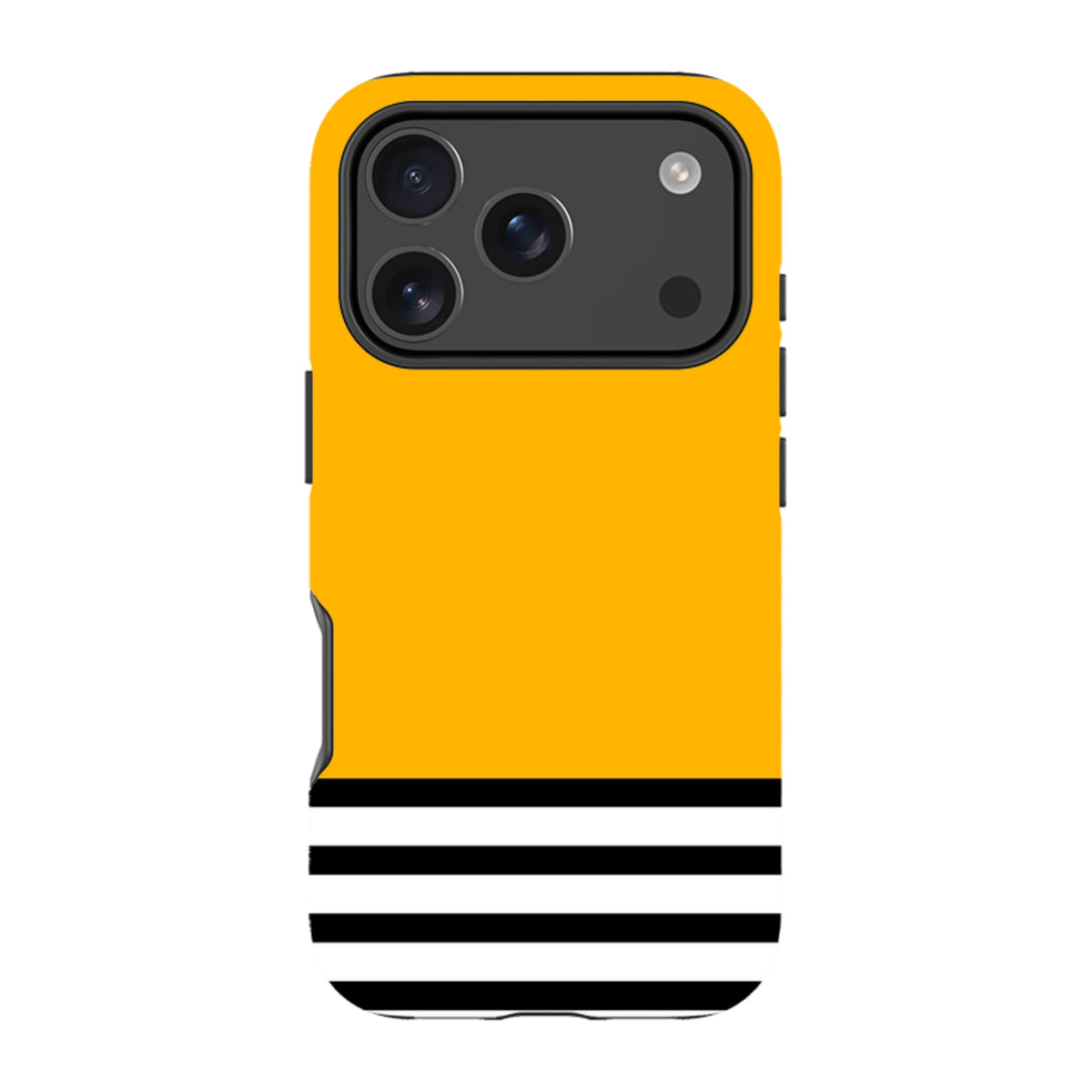Dual-layer iPhone tough case with a solid yellow top and black and white striped bottom design.