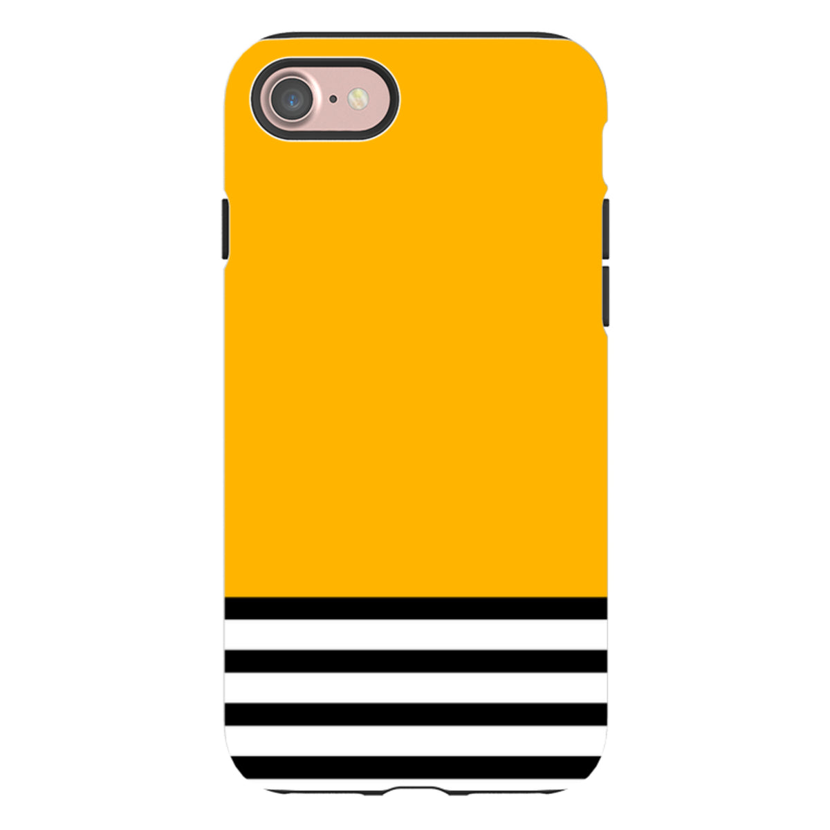 Dual-layer iPhone tough case with a bright yellow top and black and white striped bottom design.